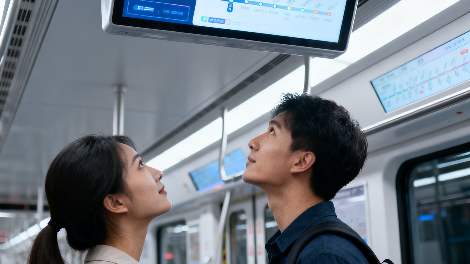 现代城市地铁车厢内部，乘客正在查看头顶上方的高清智能信息显示屏，屏幕显示站点信息和实时到站时间，车厢光线明亮整洁