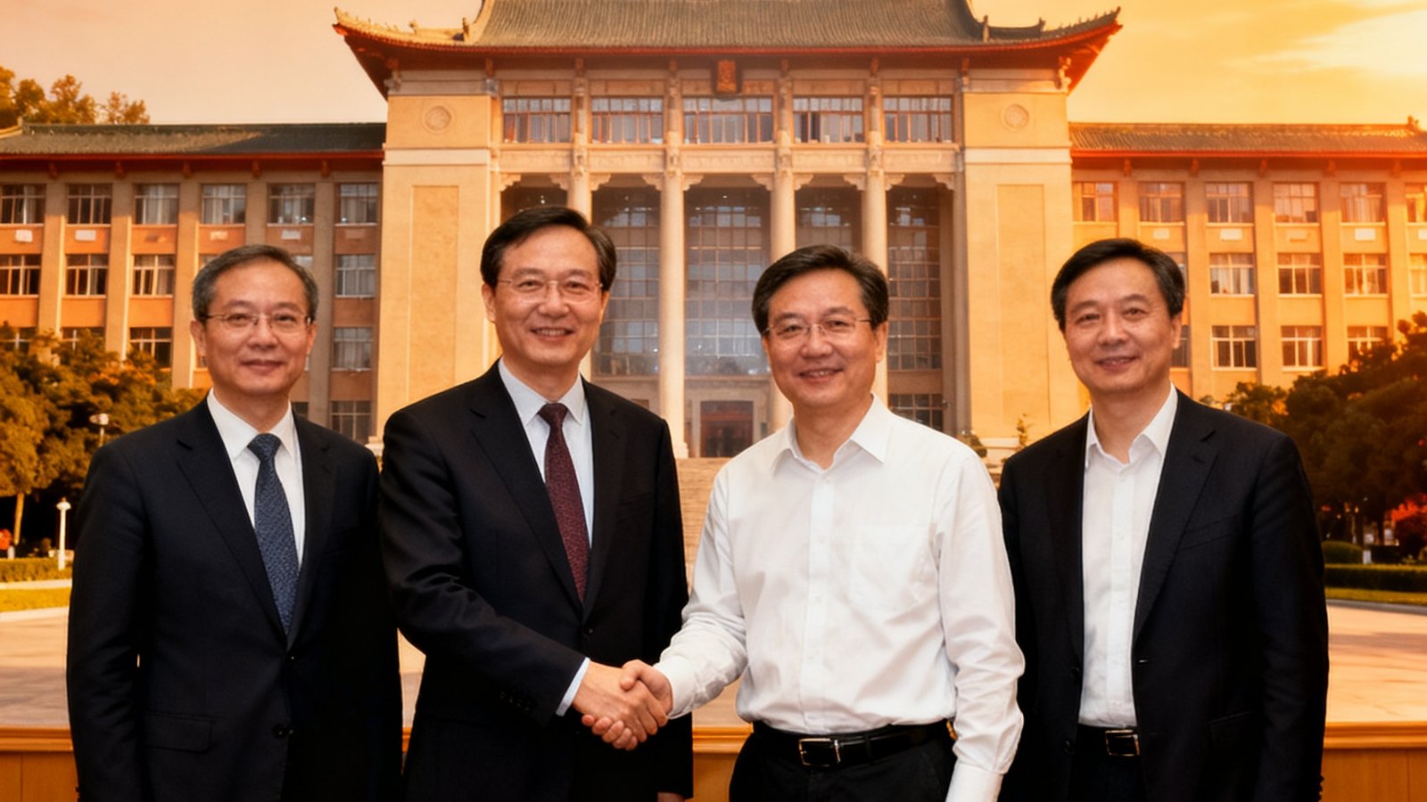 美狮贵宾会与西南交通大学在校园内举行合作签约仪式，双方代表握手合影，背景是大学标志性建筑